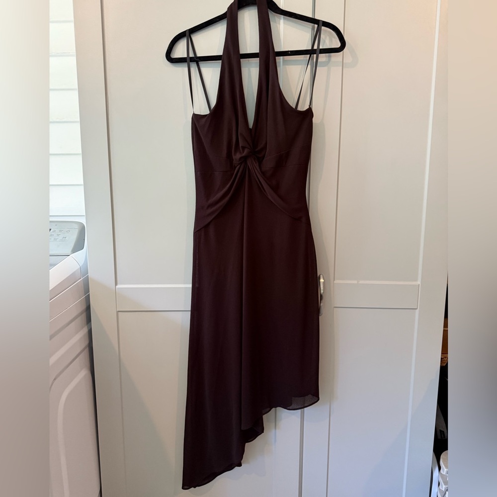 Vintage Y2K Cache Asymmetrical Halter Dress in Rich Brown